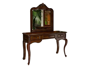 Classic Dark Wood Dressing Table With Carved Mirror Drawers And Curved Legs 3d model