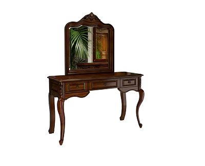 Classic Dark Wood Dressing Table With Carved Mirror Drawers And Curved Legs 3d model