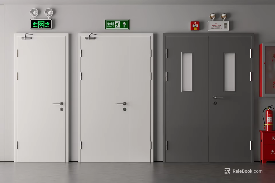 Fire Safety Equipment With Fire Doors Emergency Exit Signs And Alarms 3d model 