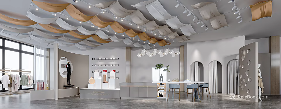 Modern Boutique Store Interior With Wavy Ceiling Panels Lighting Fixtures Product Displays And Blue Seats 3d model 