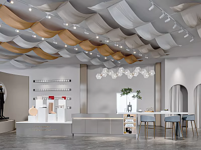 Modern Boutique Store Interior With Wavy Ceiling Panels Lighting Fixtures Product Displays And Blue Seats 3d model