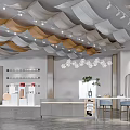 Modern Boutique Store Interior With Wavy Ceiling Panels Lighting Fixtures Product Displays And Blue Seats