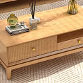 Natural Wooden Coffee Table With Drawers Decorative Items And Wicker Stools In Cozy Living Room