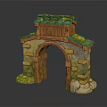 Cartoon Scene Archway With Green Tiled Roof Wooden Top Yellow Gray Bricks Grass Stone Decorations