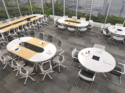 Spacious Bright Meeting Room With Round Oval Conference Tables White Wooden Tops And Chairs 3d model