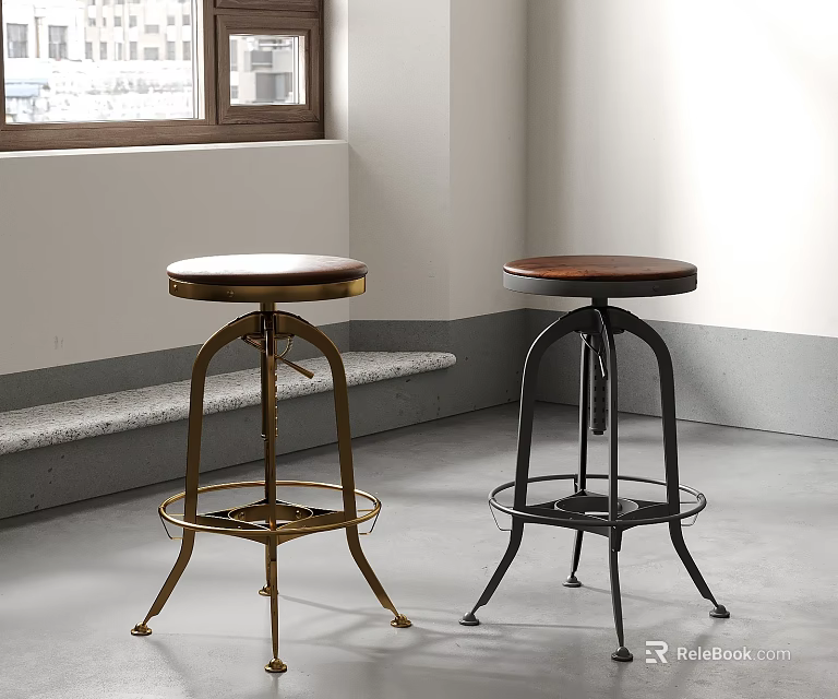 Minimalist Bar Stools With Gold And Black Metallic Frames And Brown Round Seats 3d model 