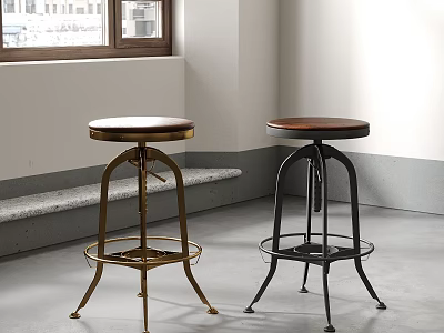 Minimalist Bar Stools With Gold And Black Metallic Frames And Brown Round Seats 3d model
