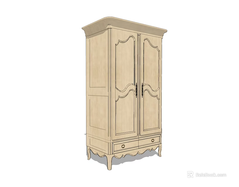 Beige Classic Wardrobe With Double Doors Carved Details Bottom Drawers And Carved Legs 3d model 