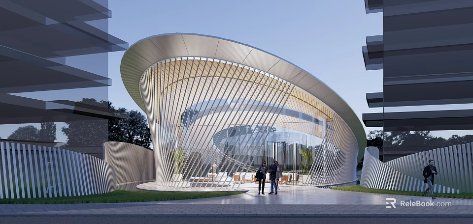 Modern Garden Landscape With Curved Metal Roof Glass Elements Green Area And People 3d model 