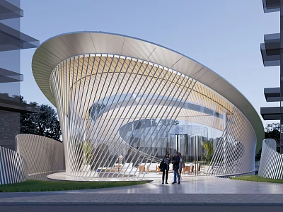 Modern Garden Landscape With Curved Metal Roof Glass Elements Green Area And People 3d model