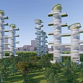 Futuristic Spiral High Rise Buildings Surrounded By Green Trees In Urban Area