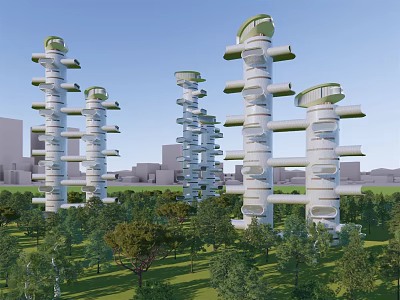 Futuristic Spiral High Rise Buildings Surrounded By Green Trees In Urban Area 3d model