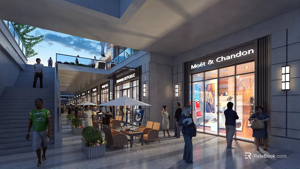 Bustling Commercial Street With Brand Stores Glass Facades Outdoor Seating and Pedestrians 3d model 