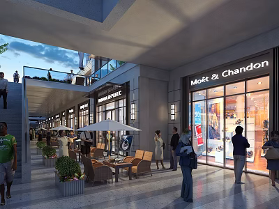 Bustling Commercial Street With Brand Stores Glass Facades Outdoor Seating and Pedestrians 3d model