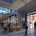 Bustling Commercial Street With Brand Stores Glass Facades Outdoor Seating and Pedestrians