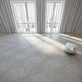 Dark Herringbone Wood Flooring In Bright Interior Space With Light Tiled Floor And Large Windows