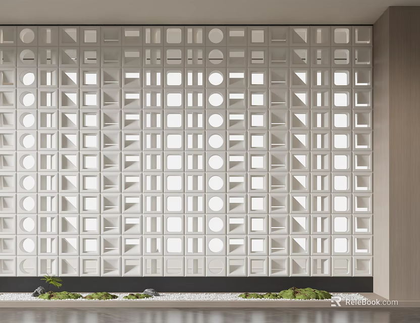 Modern White Partition With Geometric Patterns Circular Triangular Cutouts And Small Plants Pebbles At Base 3d model 