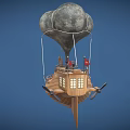 Cartoon Flying Ship Scene With Gray Balloon Wooden Hull Red Flag And Metal Ball