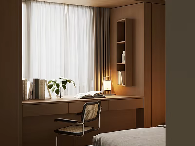 Modern Bay Window Setup With Wooden Desk Chair Plant Table Lamp And Curtain 3d model
