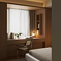 Modern Bay Window Setup With Wooden Desk Chair Plant Table Lamp And Curtain