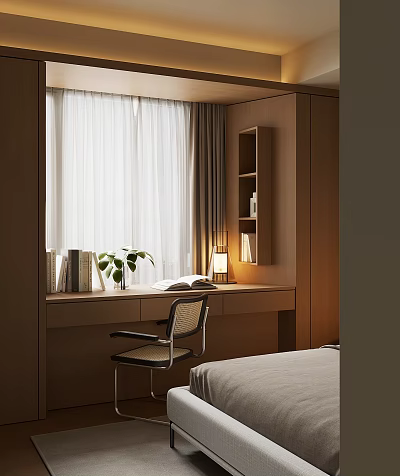 Modern Bay Window Setup With Wooden Desk Chair Plant Table Lamp And Curtain 3d model