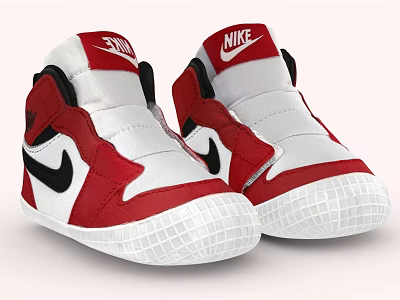 Nike Baby Red And White High Top Shoes With Swoosh Logo And Soft Sole 3d model