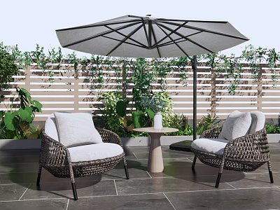 Wicker Outdoor Sofa Set With Umbrella Plants And Side Table On Slate Floor 3d model