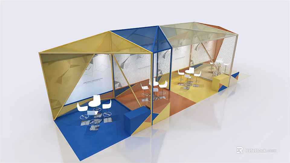 Exhibition Booth with Geometric Design Blue Yellow Gold Transparent Panels and Open Space Tables Chairs 3d model 