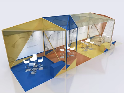 Exhibition Booth with Geometric Design Blue Yellow Gold Transparent Panels and Open Space Tables Chairs 3d model