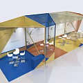 Exhibition Booth with Geometric Design Blue Yellow Gold Transparent Panels and Open Space Tables Chairs
