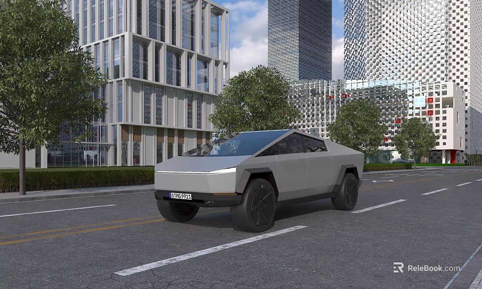 Modern Electric Pickup Truck on Urban Street with Tall Buildings and Trees 3d model 