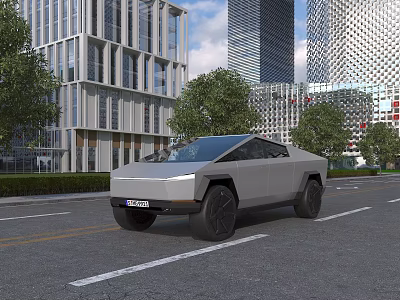 Modern Electric Pickup Truck on Urban Street with Tall Buildings and Trees 3d model