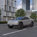 Modern Electric Pickup Truck on Urban Street with Tall Buildings and Trees