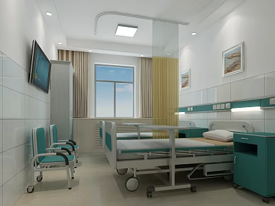 Modern Hospital Room Interior With Bed Chairs Window Curtains TV And Cabinet Paintings 3d model
