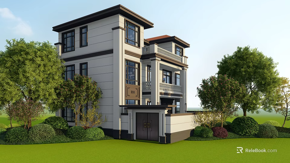 Two Story Modern Detached Villa With White Exterior Dark Roof And Lush Green Lawn 3d model 