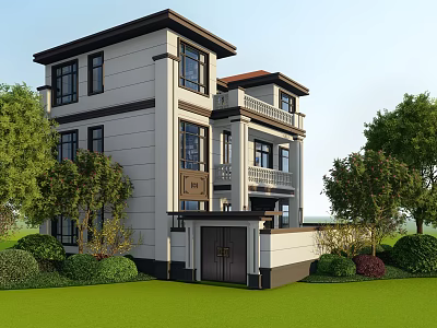 Two Story Modern Detached Villa With White Exterior Dark Roof And Lush Green Lawn 3d model