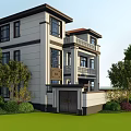 Two Story Modern Detached Villa With White Exterior Dark Roof And Lush Green Lawn