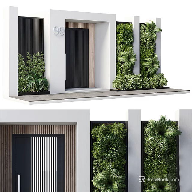 Modern Building Entrance With Black Door Green Living Wall And Decorative Plants 3d model 