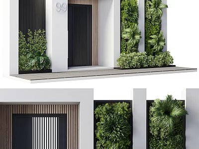 Modern Building Entrance With Black Door Green Living Wall And Decorative Plants 3d model