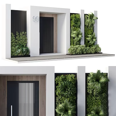 Modern Building Entrance With Black Door Green Living Wall And Decorative Plants 3d model