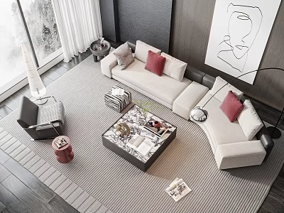 Modern Living Room Sofa and Coffee Table Set with Red Pillows Gray Rug and Art 3d model