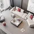 Modern Living Room Sofa and Coffee Table Set with Red Pillows Gray Rug and Art