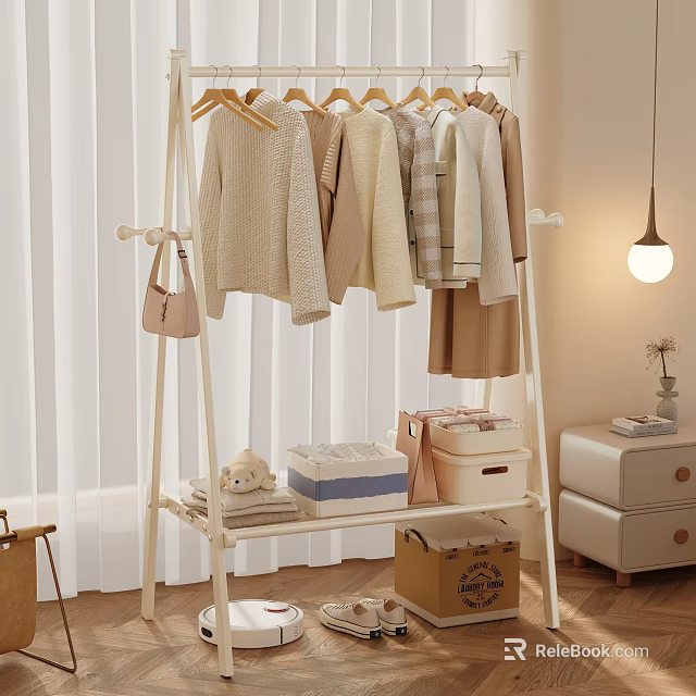 Cozy Bedroom Clothing Rack With Hanging Sweaters Storage Boxes And Teddy Bear 3d model 