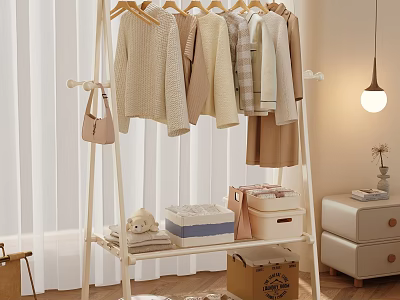Cozy Bedroom Clothing Rack With Hanging Sweaters Storage Boxes And Teddy Bear 3d model