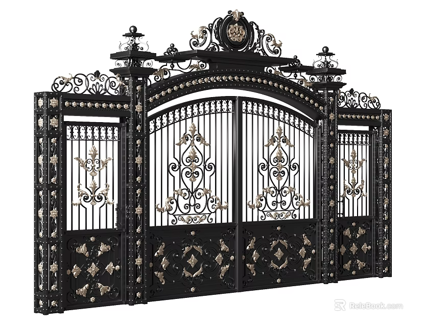 Ornate Black Wrought Iron Entrance Gate With Intricate Floral Patterns and Decorative Details 3d model 