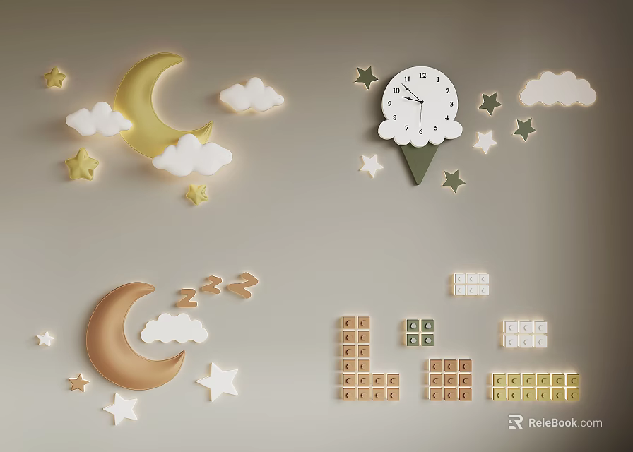 Playful Kids Room Wall Lamp With Moon Stars Clouds Clock And Blocks Design 3d model 
