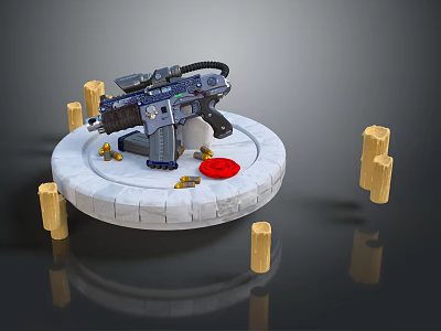 Tactical Gun Display On Circular Platform With Bullets Red Object And Yellow Pillars 3d model