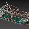 Two Cargo Ships With Crane And Different Colors On Green Background
