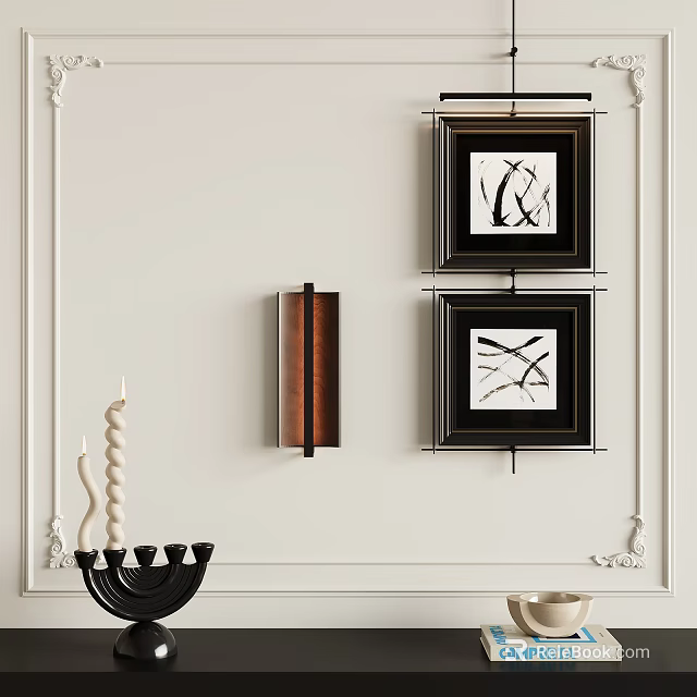 White Wall Decor With Framed Abstract Artwork Wall Lamp And Candle Holder 3d model 