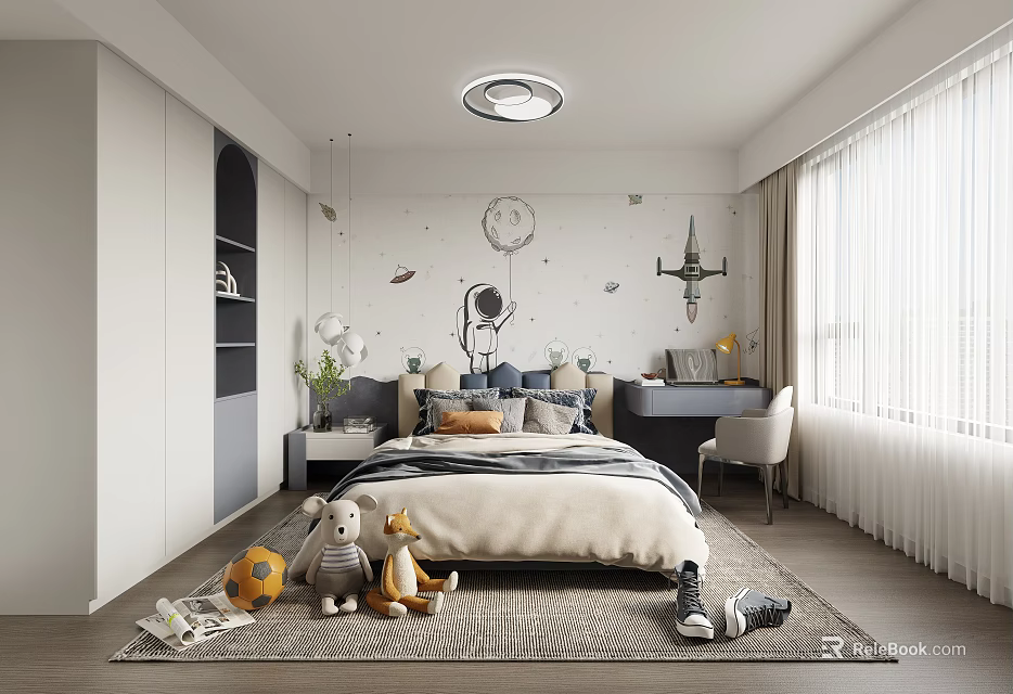 Cozy Kids Room Interior Design With Space Themed Wall Decor Bed Desk And Stuffed Toys 3d model 